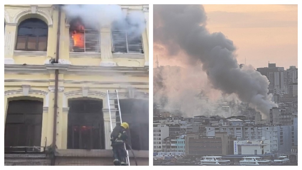 澳門新馬路地舖閣樓清晨起火 消防升雲梯破窗灌救