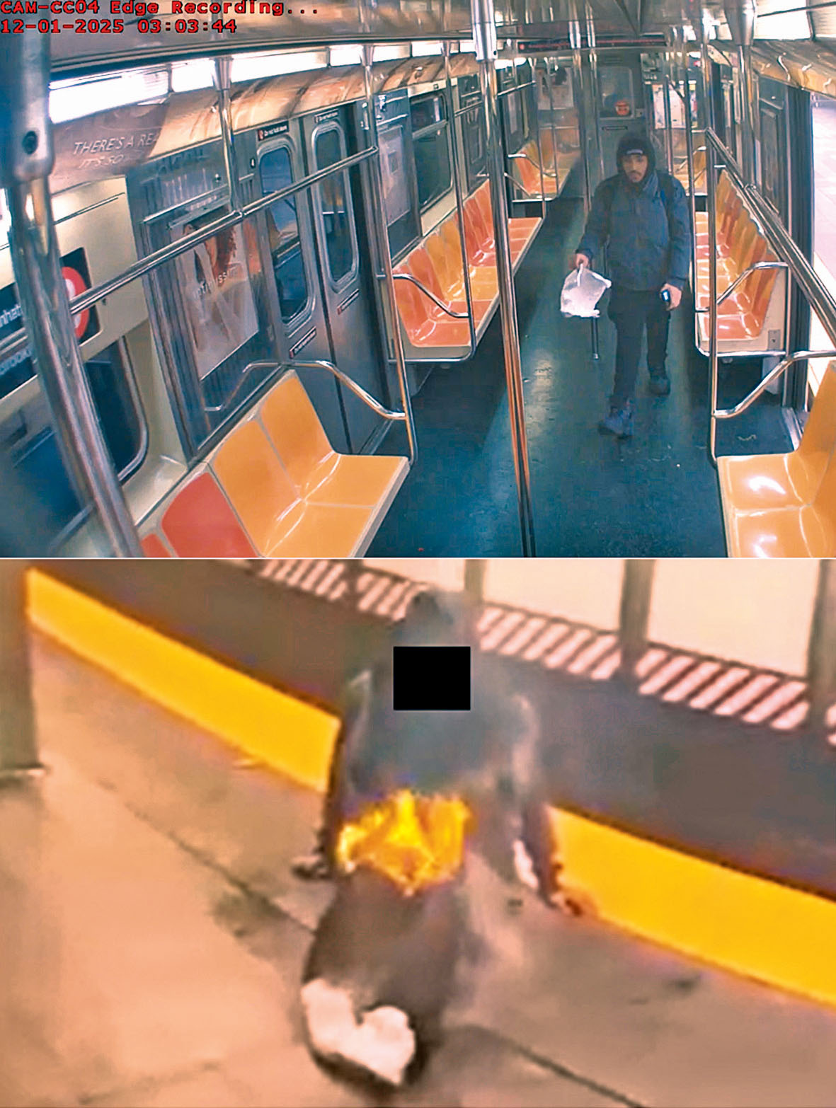 圖為卡雷羅撿起廢紙時(上)與受害人帶著火逃出車廂時(下)。檢方提供