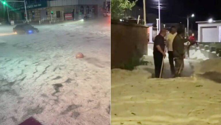 河北寬城遭遇罕見冰雹暴雨 街道成「流動冰河」積水及膝