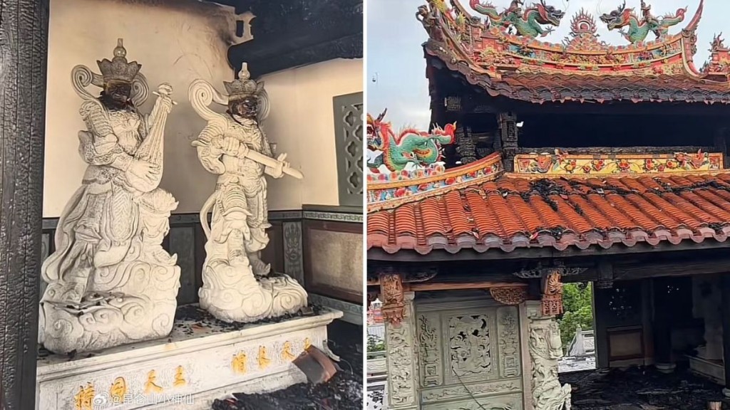 福建安溪廟宇疑遭雷擊 四大天王神像被燻黑引關注