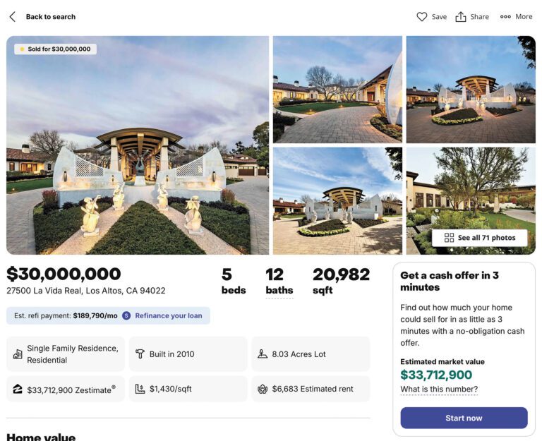 南灣洛斯阿多斯山豪宅3000萬元成交。Zillow網站截屏