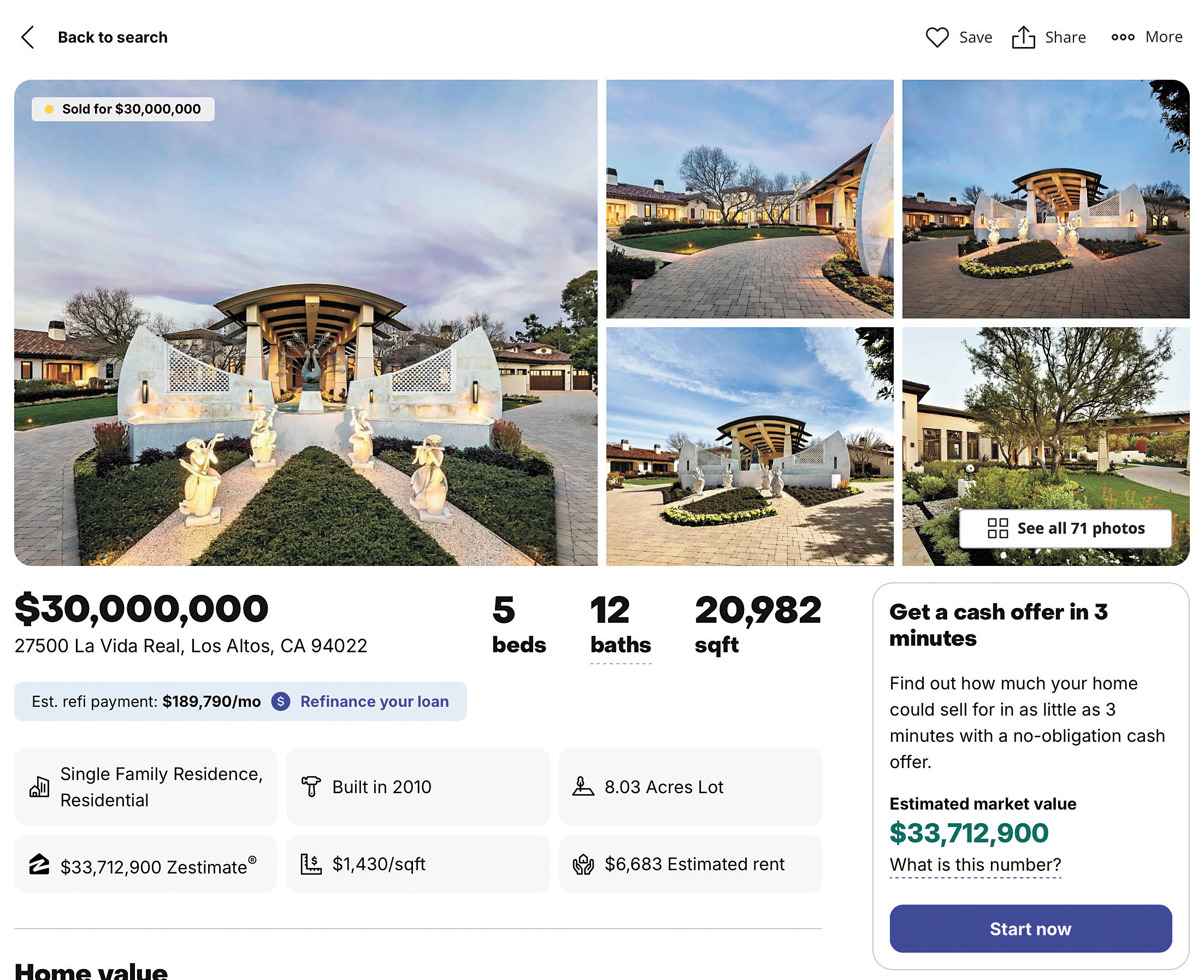 南灣洛斯阿多斯山豪宅3000萬元成交。Zillow網站截屏