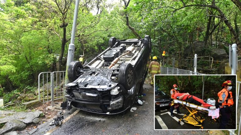 飛鵝山扎山道客貨車撞樹翻側 一乘客受傷送院 其餘三人事發後離開