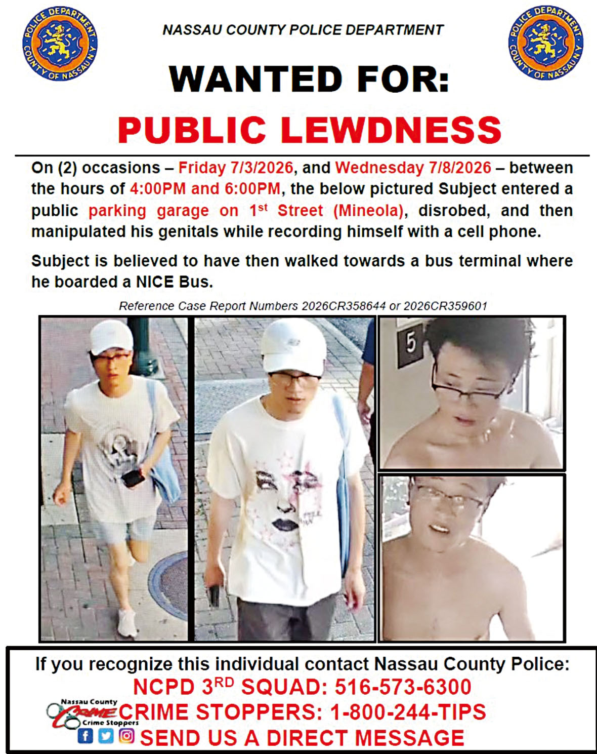 警方發布涉案男子的監控及圖像,呼籲民眾協助辨認其身份。圖片來源:納蘇縣警方社交媒體Instagram