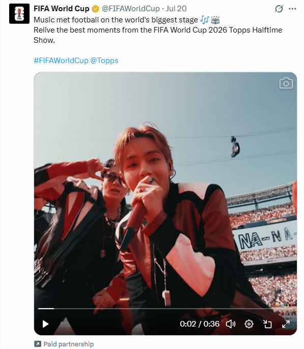 FIFA在Twitter（X）上載的表演回顧影片中，BTS只有一個鏡頭。