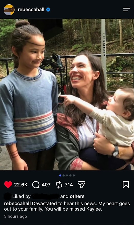 曾兩度與 Kaylee 合作的 Rebecca Hall 在 Instagram 發布照片悼念。