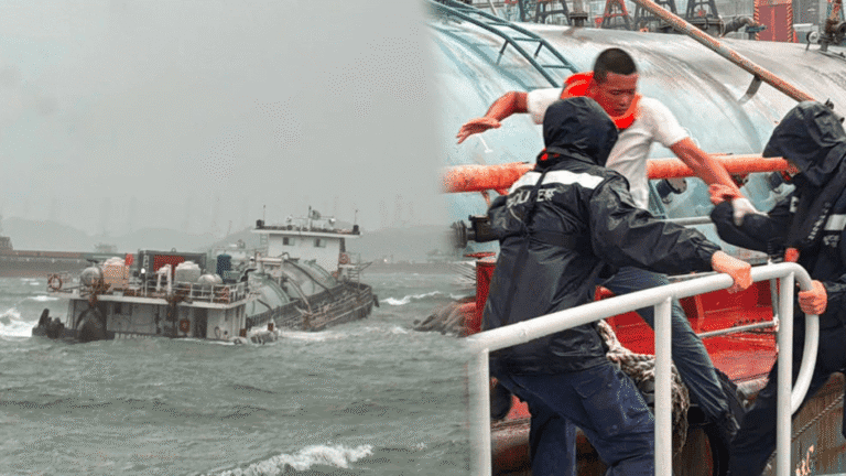 颱風紅霞襲港 貨船擱淺油麻地避風塘 水警冒險救出3船員