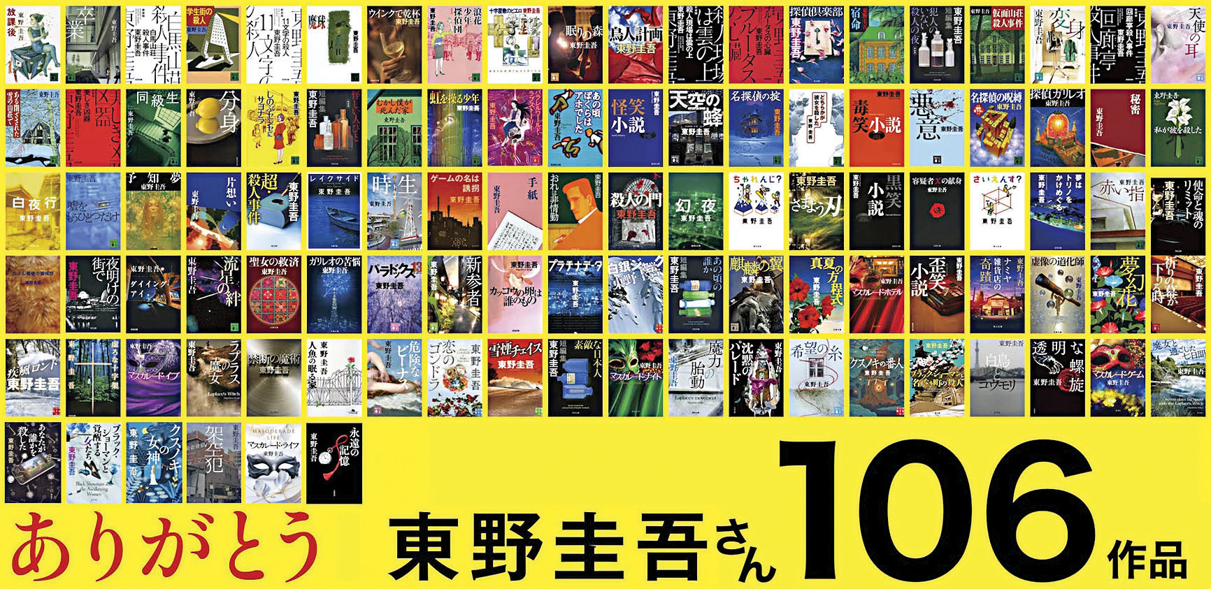 東野圭吾官方資訊帳號整理的東野圭吾所有出版的106部著作（不含合著作品）。網上圖片