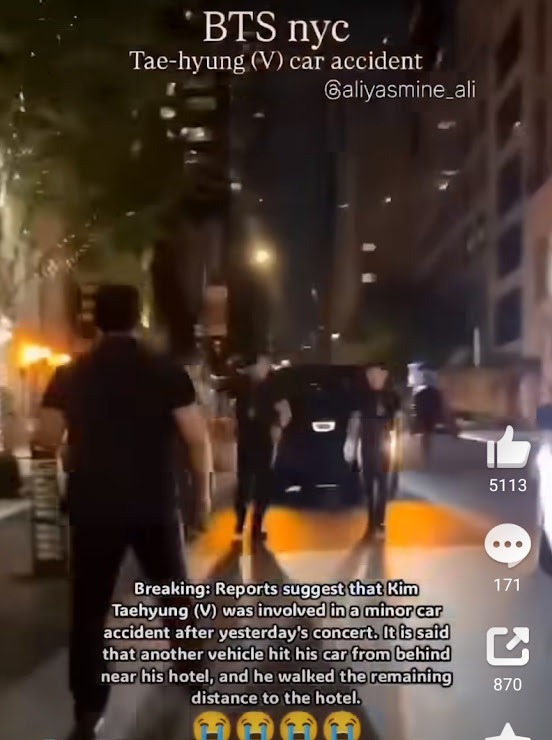 演唱會結束後返回酒店途中,V乘坐的車輛遭遇追尾,保鏢隨即上前處理。