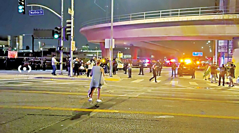 洛杉磯市中心聯邦大樓附近發生攻擊案，警方到場拘捕兩嫌。Citizen App