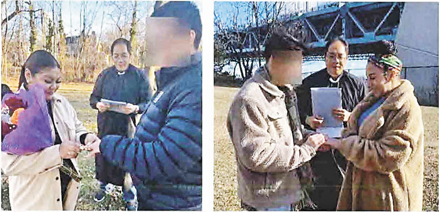 涉案人員鄭安東尼(中)在2024年和2025年所組織的一場假婚禮,兩名女性分別為同夥塞蒂諾(左)與約翰遜(右)。檢方提供