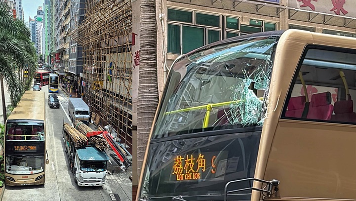 灣仔吊臂車操作不當 撞破九巴上層玻璃無人傷