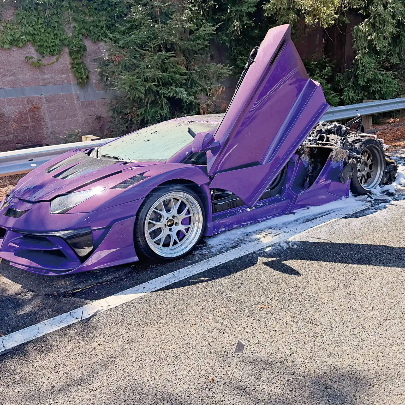 一輛估值約50萬元的紫色林寶堅尼Aventador跑車，日前在聖荷西附近公路起火焚毀。CHP San Jose