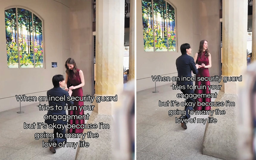 一對情侶在大都會藝術博物館浪漫求婚時，遭到保安人員強行打斷。 livinwithlina_instagram圖片
