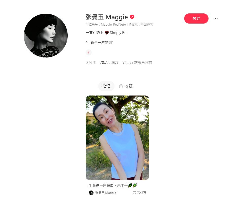 張曼玉於2025年8月開設小紅書帳號,至今已吸引近百萬粉絲。