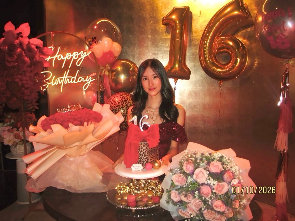 林天若慶祝16歲生日，身穿紅色閃片晚裝亮相，令人眼前一亮。