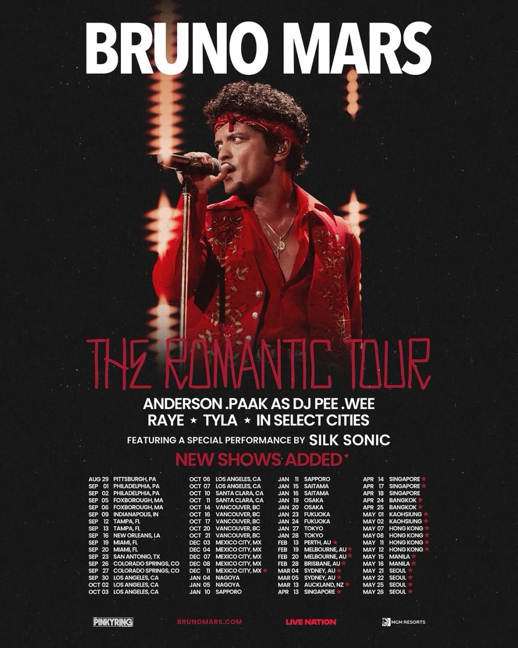 Bruno Mars 今日宣布即將展開《The Romantic Tour》世界巡迴演唱會。