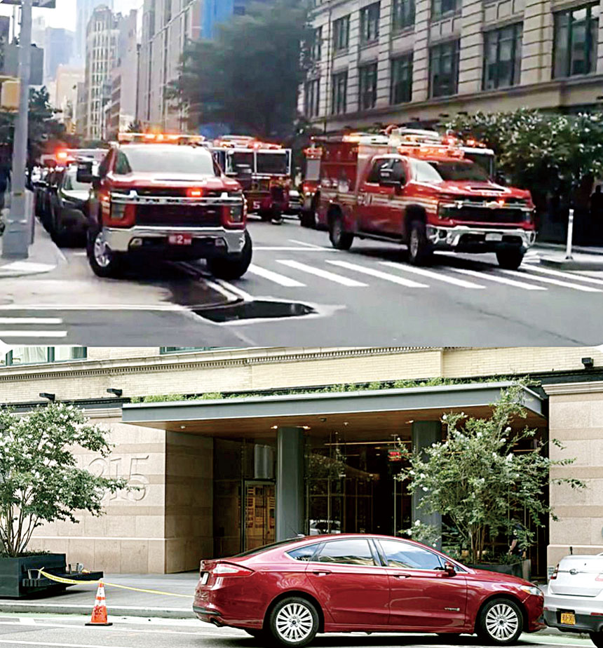 事發時樓宇外停滿消防車（上），事發後警戒線依然封鎖著入口（下）。