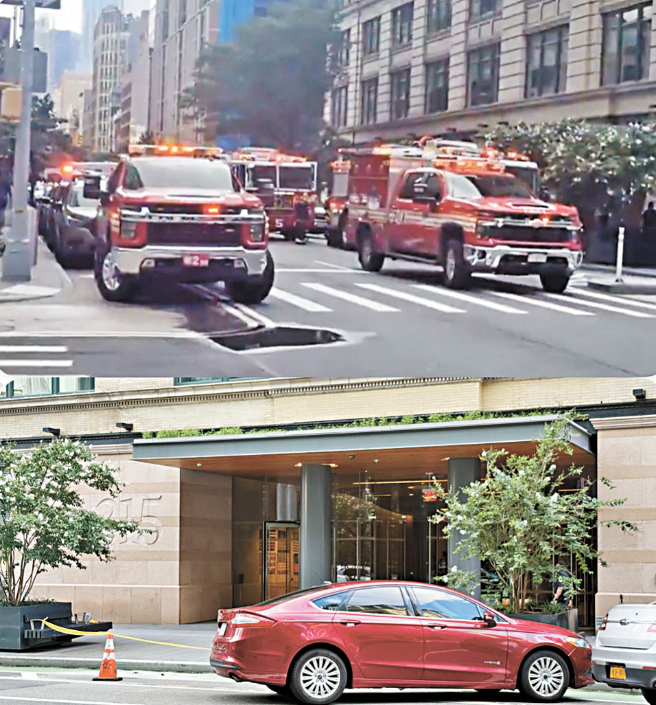 事發時樓宇外停滿消防車（上），事發後警戒線依然封鎖著入口（下）。