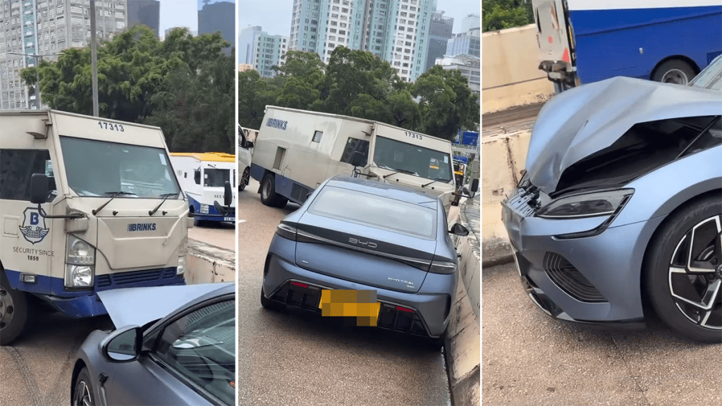 九龍灣解款車與私家車相撞 私家車車頭冚摺起