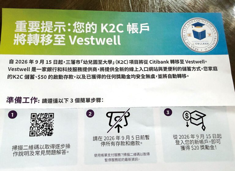 三藩市「幼兒園至大學」（K2C）項目通知家長，帳戶將於9月15日由Citibank轉移至Vestwell。記者蘇婕雅攝