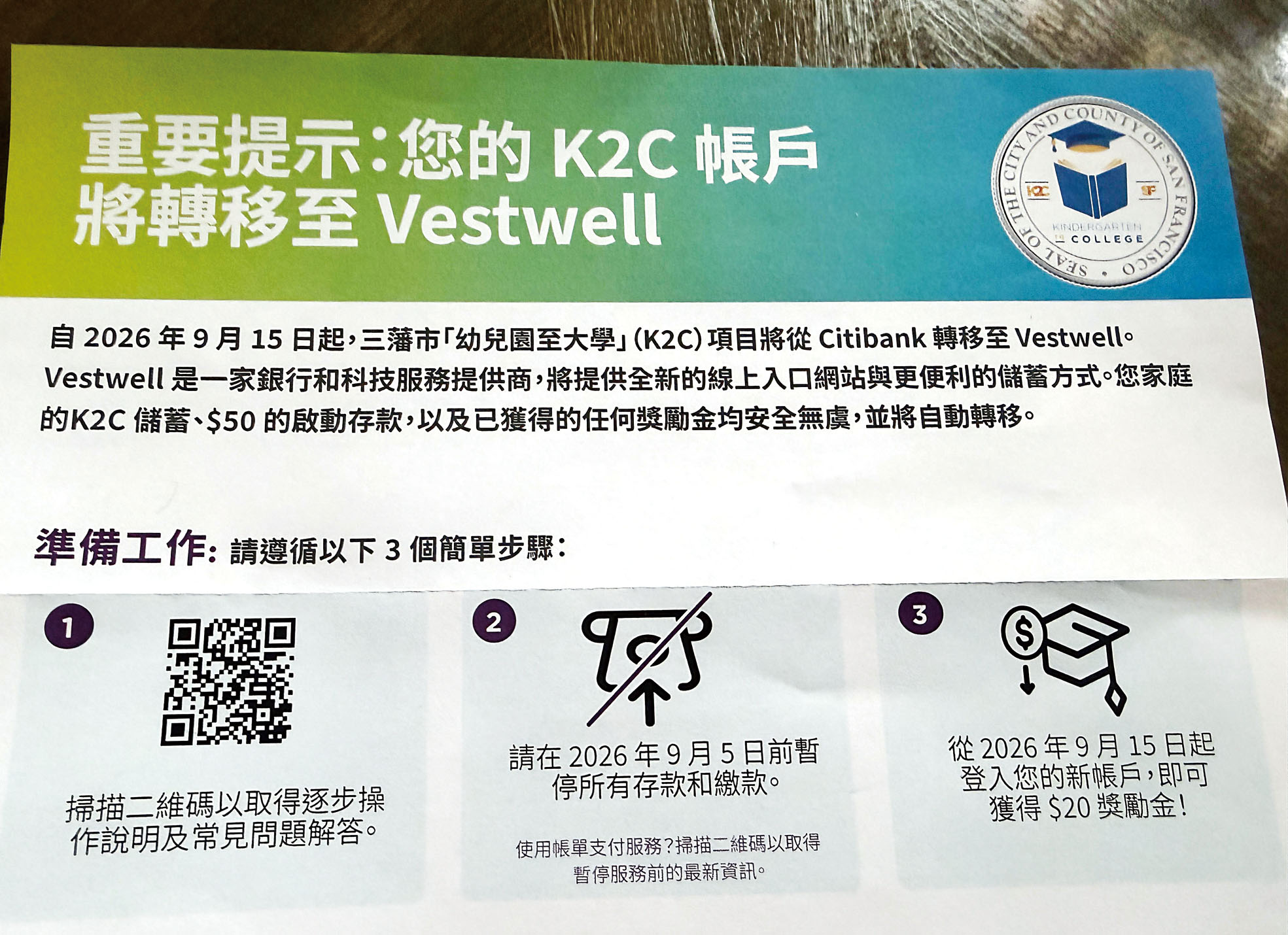 三藩市「幼兒園至大學」(K2C)項目通知家長,帳戶將於9月15日由Citibank轉移至Vestwell。記者蘇婕雅攝
