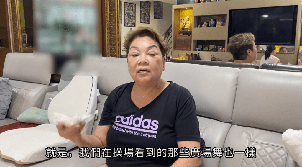 肥媽在梳化上抹汗休息，建議初學者可由簡單廣場舞開始嘗試。