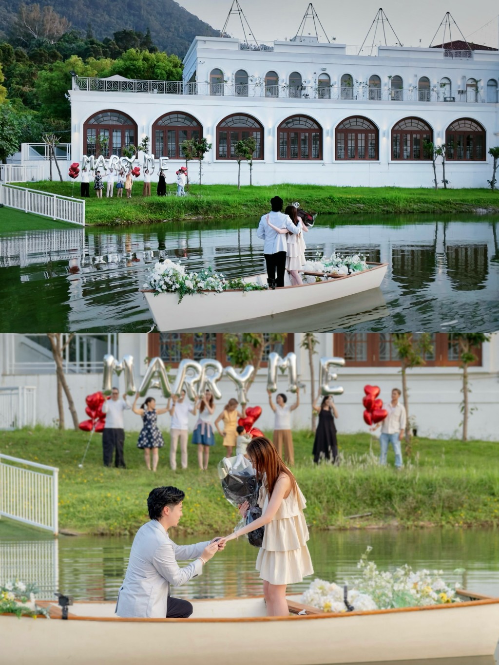 張子丰在湖中央的小船上向女友跪地求婚,場面非常浪漫。