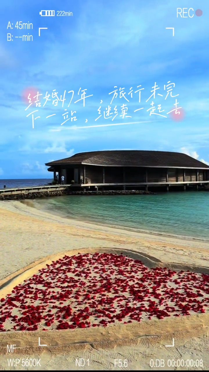 沙灘上有以紅玫瑰花瓣砌成的巨型心形圖案,充滿儀式感。