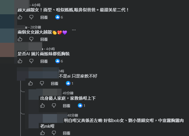 部分網民關注點落在兩名女兒的衣著打扮上,引發網上討論。