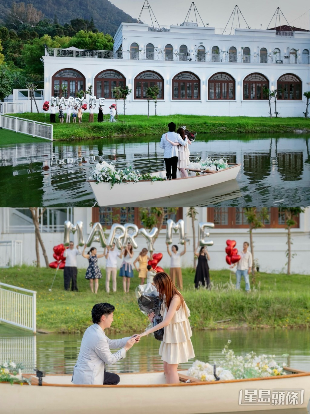 張子丰在湖中心的小船上,向女友跪地求婚,場面浪漫動人。