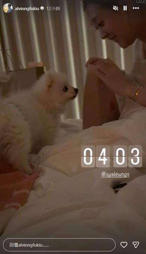伍富橋太太Shirley半夜與愛犬玩耍。