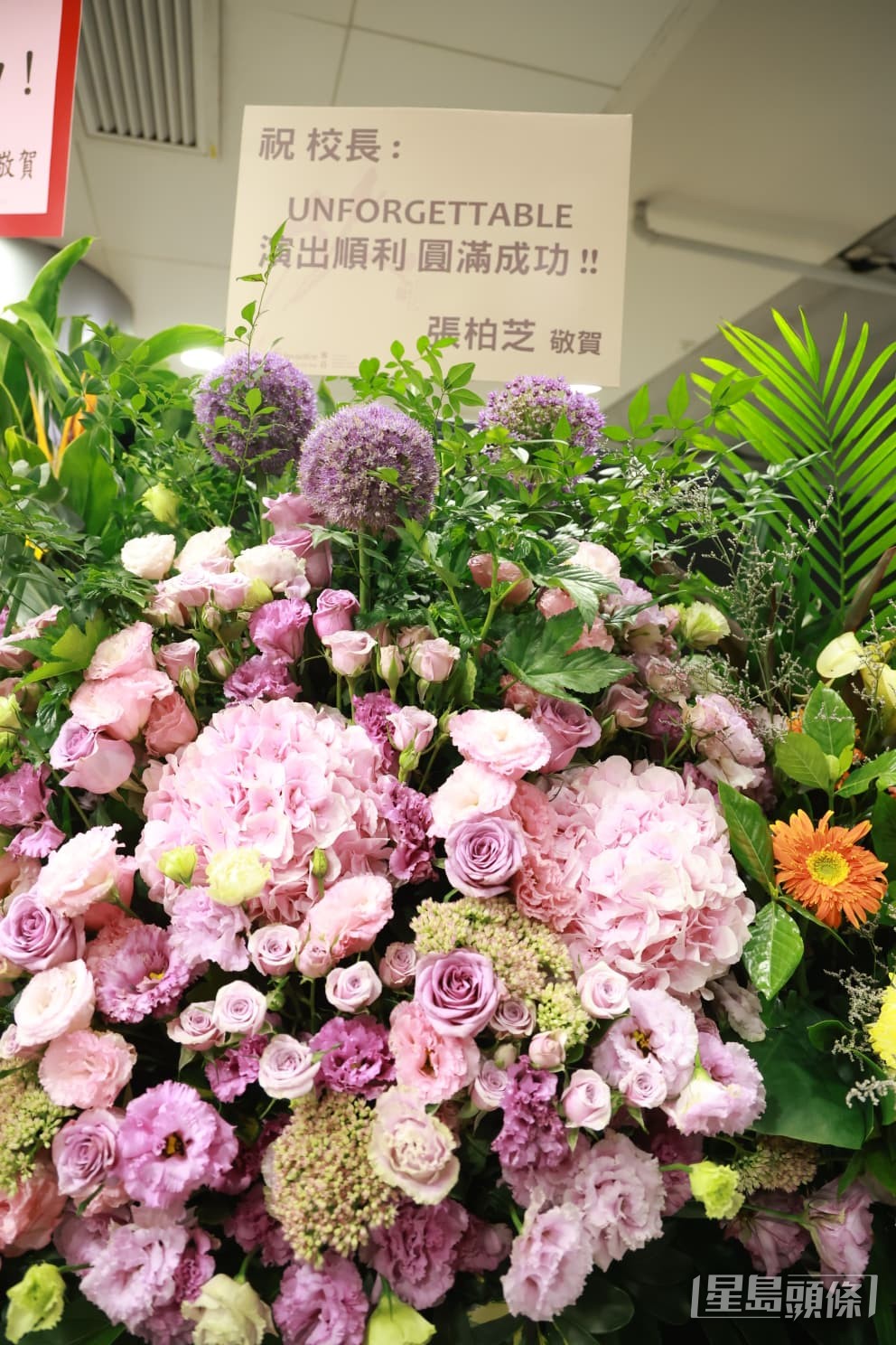 張柏芝送上粉色系花籃,祝願校長演出順利圓滿。
