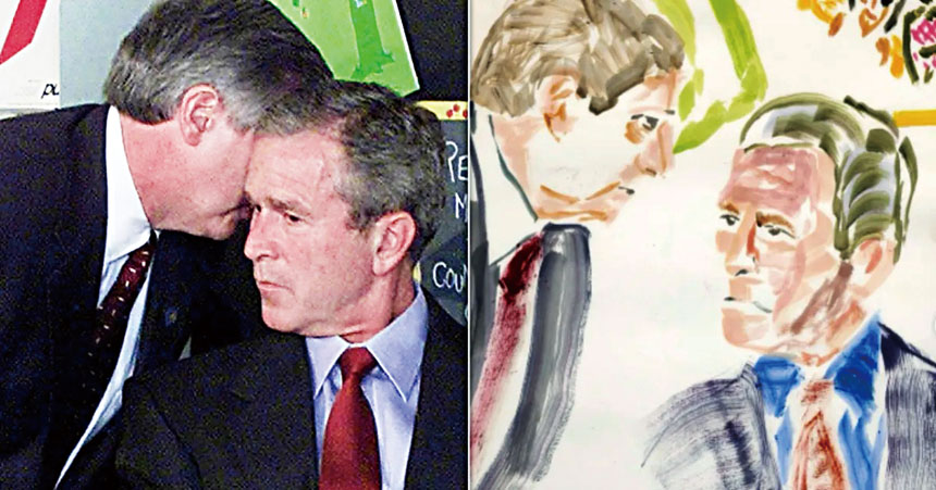 前總統小布殊以畫筆重現25年前自己得知美國遭到襲擊時的經典一幕。美聯社/小布殊IG