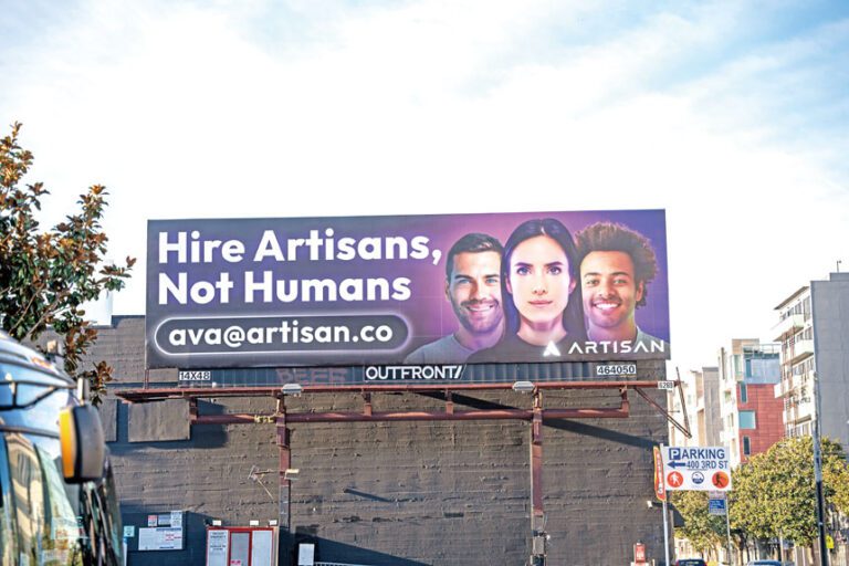 Artisan之前的一個「僱用Artisan，而非人類」廣告牌。Artisan