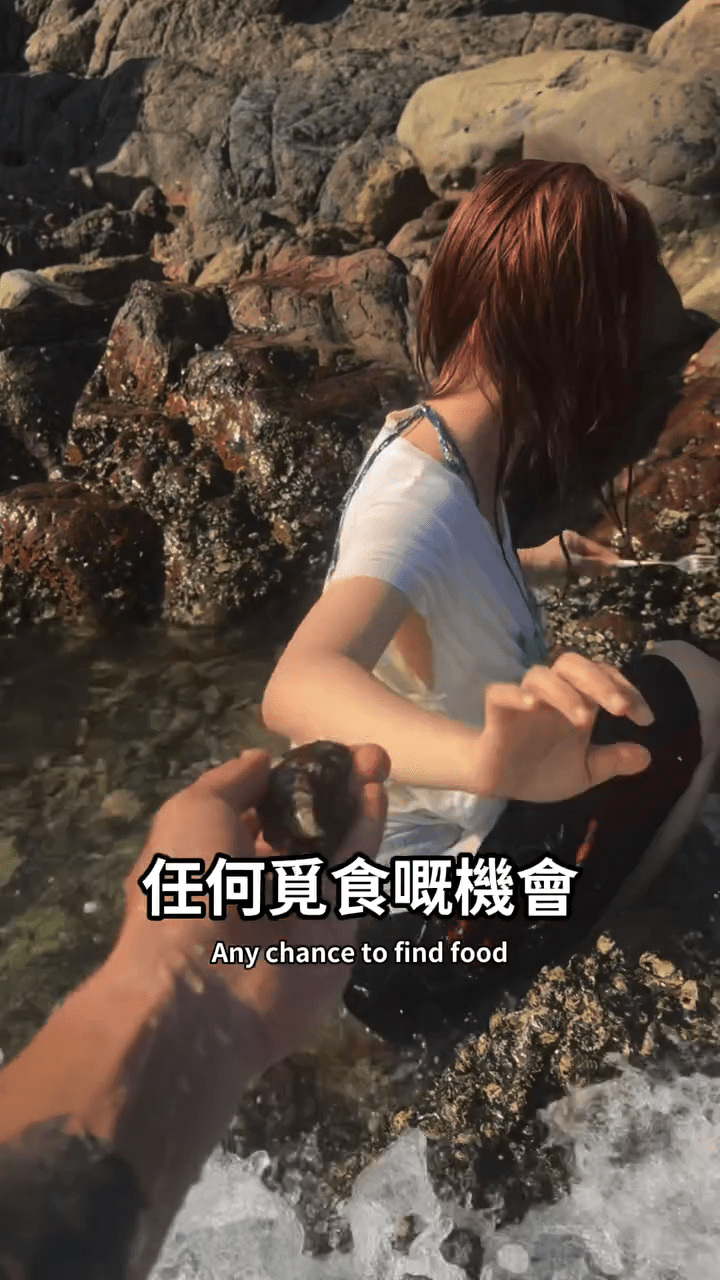 鄧月平在佈滿蠔殼的石灘上，尋找可供即食的生蠔。