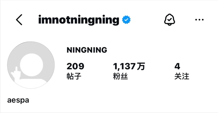 Ningning曾將IG頭像換成「竪中指」公仔，疑似抗議攻擊其家人的網民。