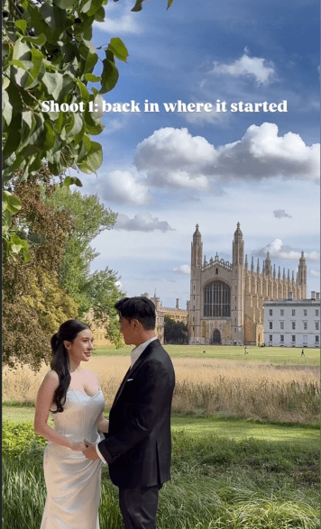 施宇琪與未婚夫重返劍橋大學拍攝婚紗照，在定情地深情對望，洋溢幸福。