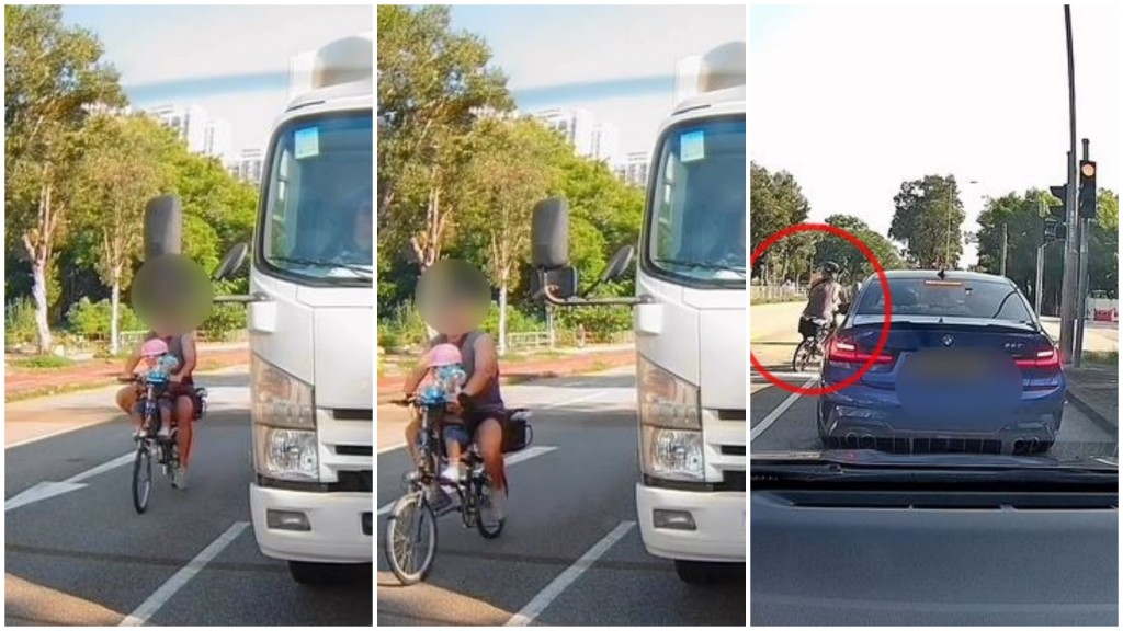 元朗男子載童騎單車 馬路穿插衝紅燈惹安全爭議