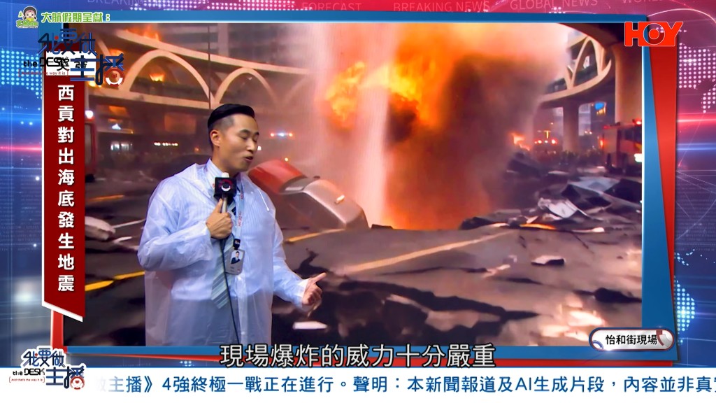 節目畫面下方有走馬燈聲明,指出片段為AI生成,僅供比賽。