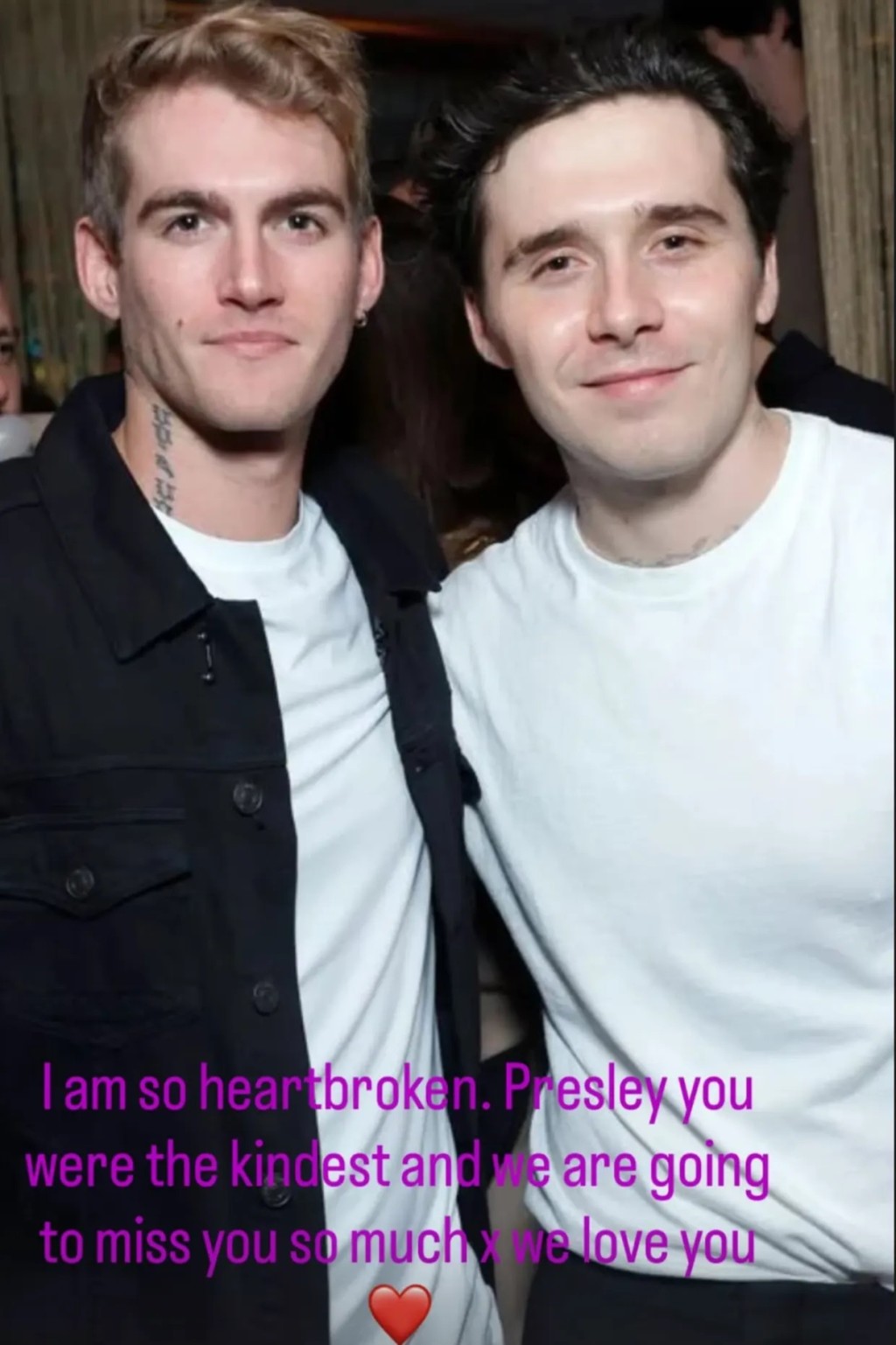 碧咸長子Brooklyn Beckham(右)在網上發文,悼念好友Presley的離世。