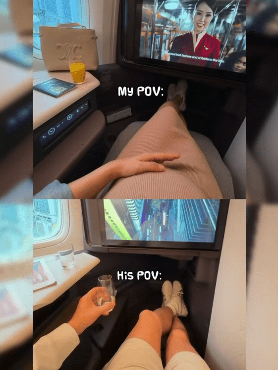 從「My POV」與「His POV」視角可見,黃碧蓮在商務艙喝果汁,丈夫則喝香檳,畫面充滿愛意。