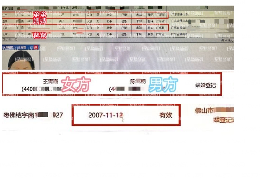 王青霞被指於2007年與一名陳姓男子結婚，兒子則在2009年出生。