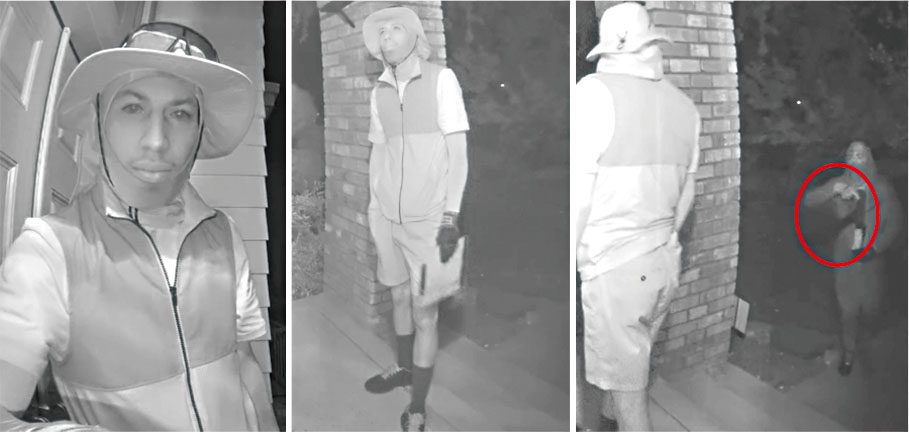 監視器畫面顯示,兩名男子涉嫌假扮送貨員企圖闖入民宅。聖荷西警察局
