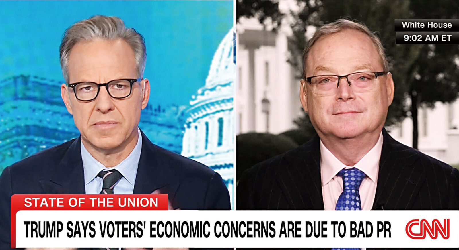 總統經濟顧問哈塞特(右)接受CNN主持人塔珀訪問。CNN電視截圖