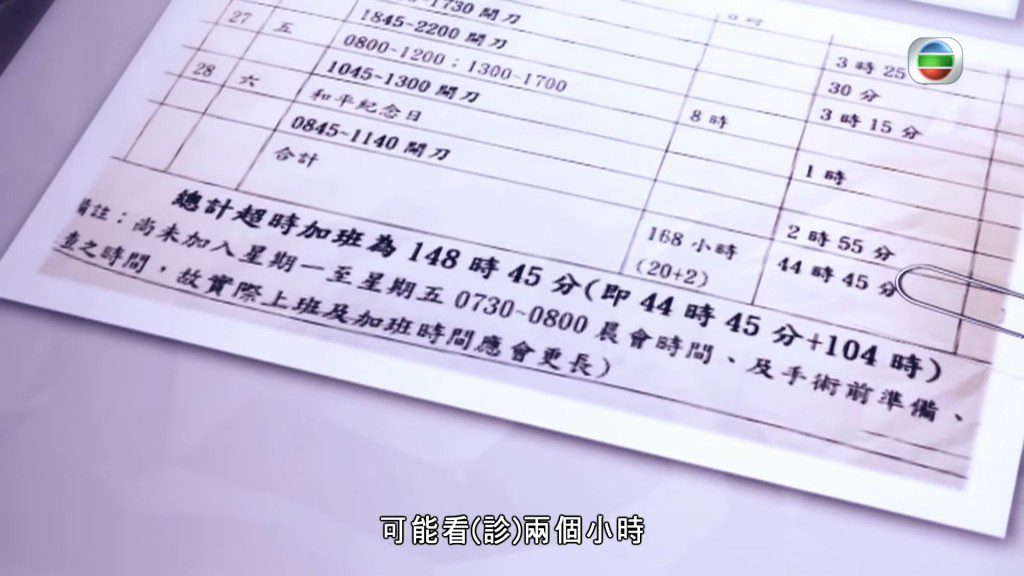 密密麻麻的值班表，是他曾連續工作40小時的證據。