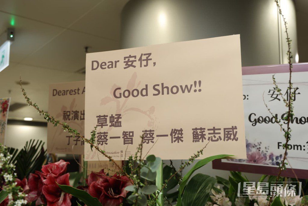 組合草蜢(蔡一智、蔡一傑、蘇志威)送上花籃,祝願安仔Good Show。