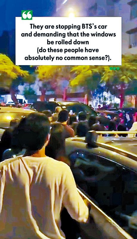 私生飯不但圍堵BTS下榻酒店，更攔截接載BTS的車輛，並且不要命地追車。