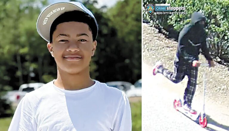 14歲少年亞當斯（左）遭騎乘踏板車的兇徒（右）開槍擊中背部身亡。 NYPD、GoFundMe圖片