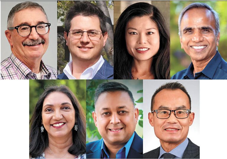 八名候選人競逐三個古柏蒂奴市議會席位，其中包括（上排左起）范托齊、佛魯恩、鍾志妙、庫馬拉潘和（下排左起）林希瑪、拉奧和譚約翰。候選人提供